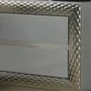 Vino 2 Drawer Nightstand, Plinth Base Gray Wood wity Silver Trim