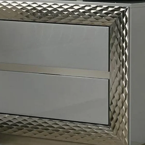 Vino 2 Drawer Nightstand, Plinth Base Gray Wood wity Silver Trim