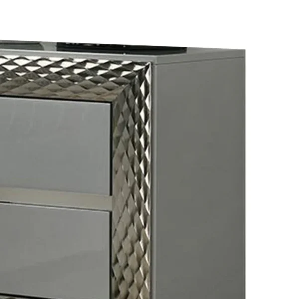Vino 2 Drawer Nightstand, Plinth Base Gray Wood wity Silver Trim