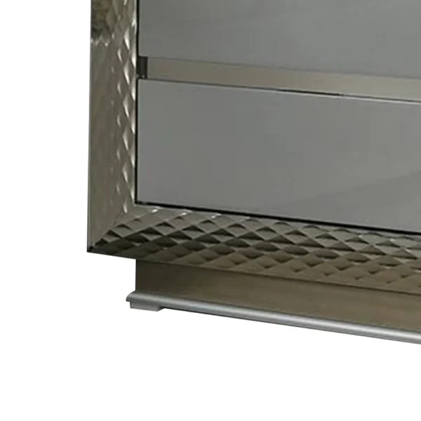 Vino 2 Drawer Nightstand, Plinth Base Gray Wood wity Silver Trim