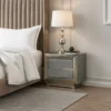 Vino 2 Drawer Nightstand, Plinth Base Gray Wood wity Silver Trim