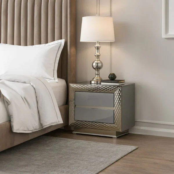 Vino 2 Drawer Nightstand, Plinth Base Gray Wood wity Silver Trim