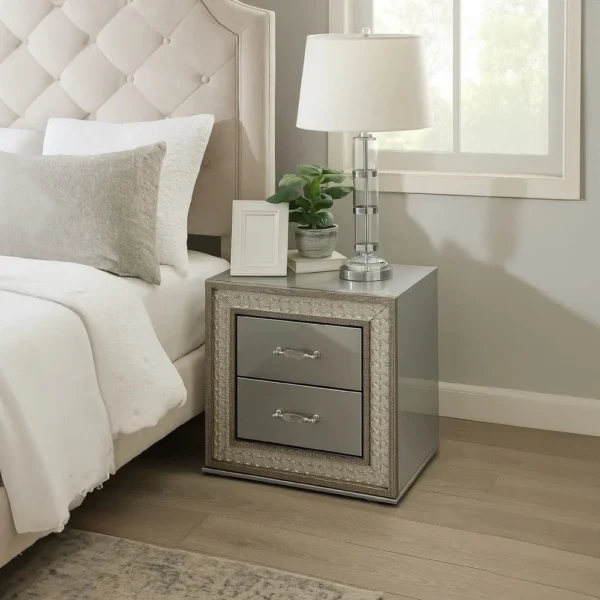 BM340925_5 Cyl Nightstand with 2 Drawers, Scale Molding Trim, Metallic Gray Wood