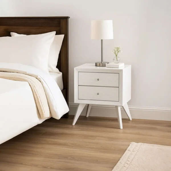Tory Nightstand, 2 Drawers, White Solid Wood, Bronze Round Knobs