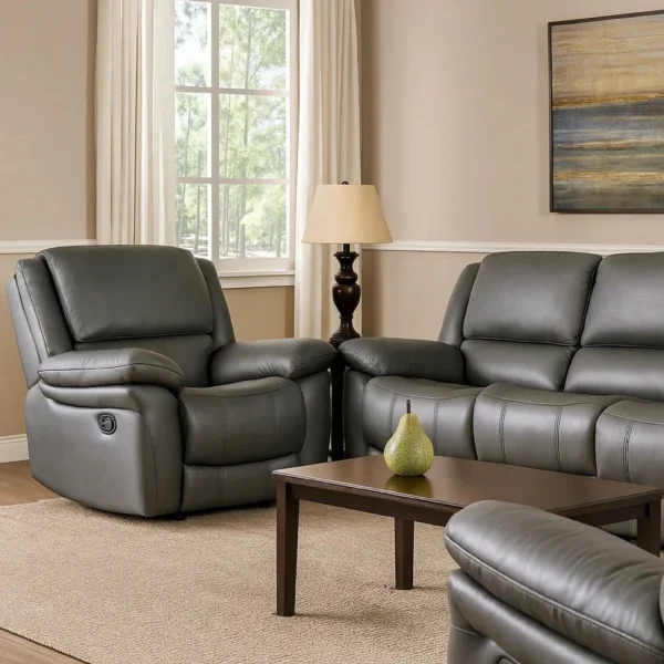 Larus Manual Recliner Chair, Pillow Top Arms, Dark Gray Leather Match