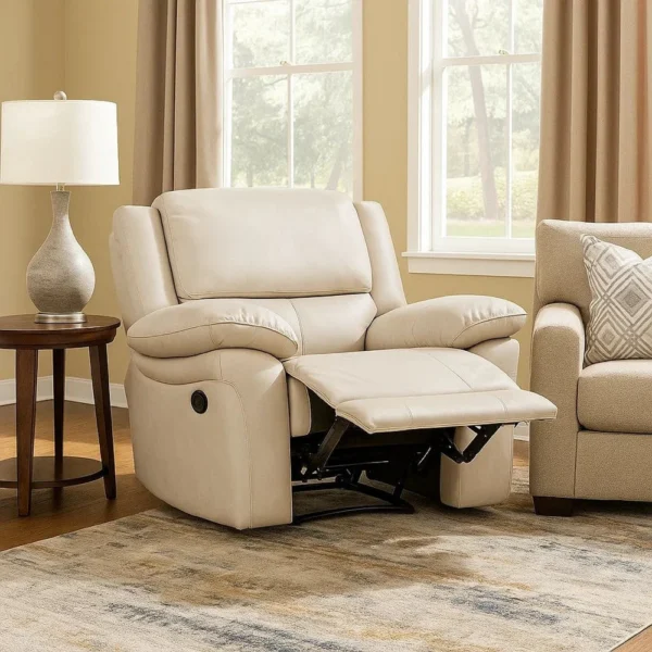 Larus Manual Recliner Chair, Pillow Top Arms, Off White Leather Match