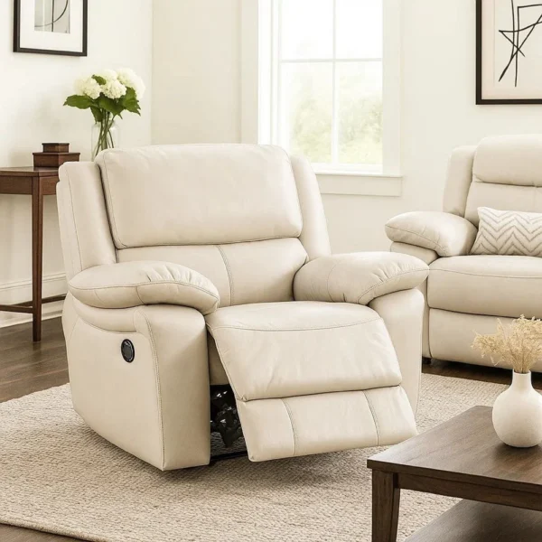 Larus Manual Recliner Chair, Pillow Top Arms, Off White Leather Match