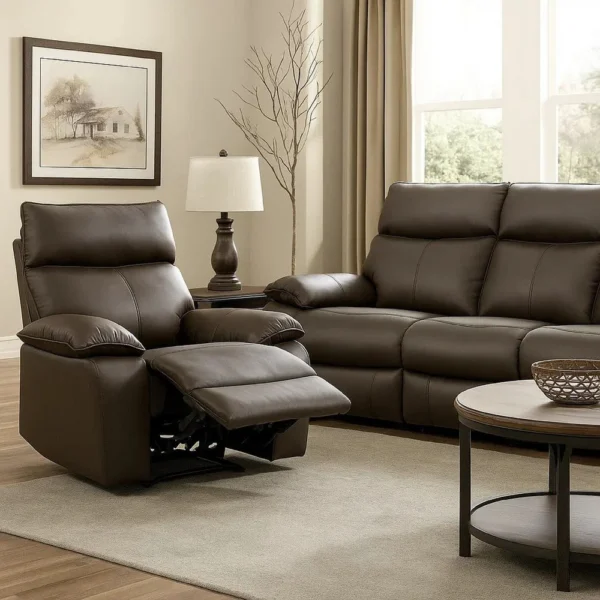 Ozy Manual Recliner Chair, Pillow Top Arms, Dark Brown Leather Match