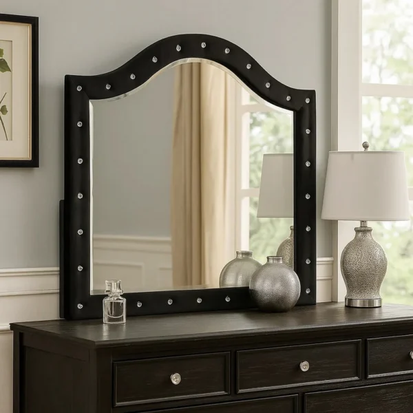 BM340973_5 Rea Dresser Vanity Mirror, Crystal Tufted Black Velvet Upholstered Arched Frame