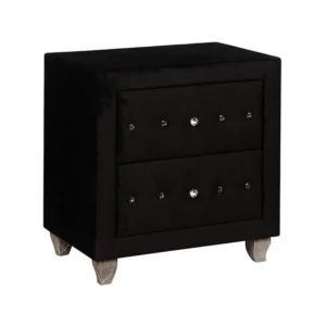 Rea Nightstand, 2 Drawers with Crystal Knobs, Black Velvet Upholstery