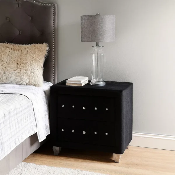 BM340974_5 Rea Nightstand, 2 Drawers with Crystal Knobs, Black Velvet Upholstery