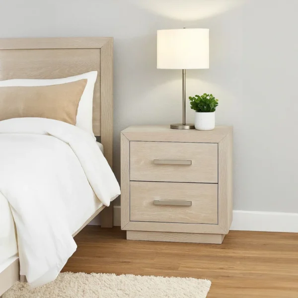 BM341001_6 Kexa Nightstand, USB and LED, 2 Drawers Chrome Handles, Light Gray