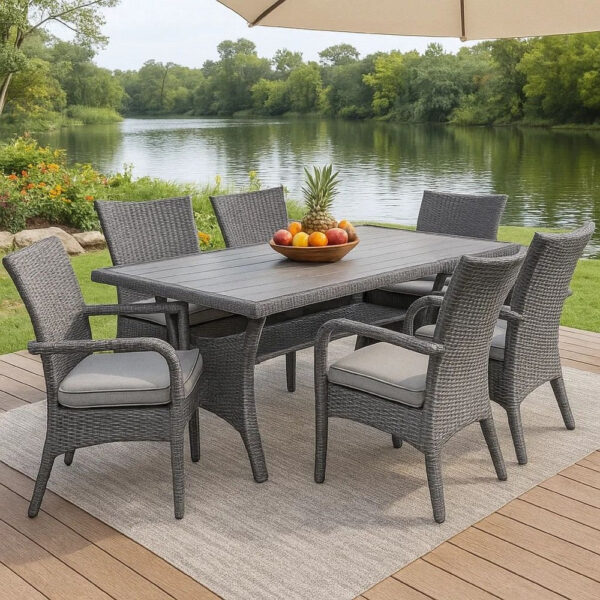 BM341006_5 Maria Outdoor Dining Table, 57 Inch Top w/ Shelf, Gray Rattan Woven
