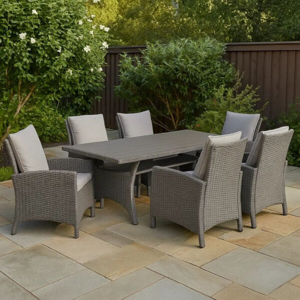 BM341006_6 Maria Outdoor Dining Table, 57 Inch Top w/ Shelf, Gray Rattan Woven