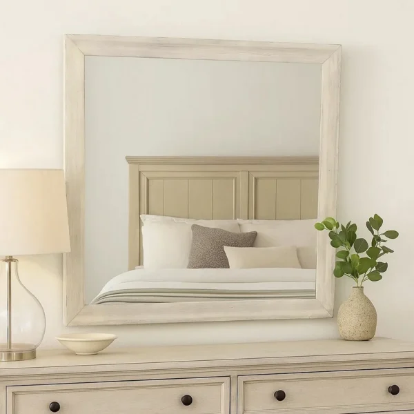Dresser Mirror, Antique White Poplar Wood Frame, Square 40 Inch