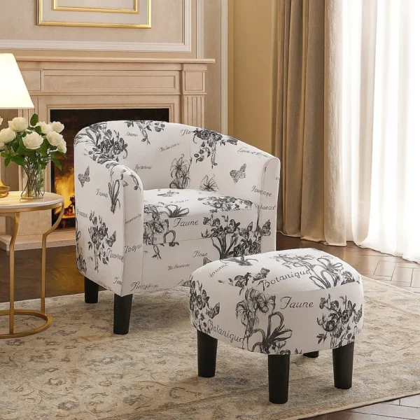 BM341031_6 Beua 2pc Accent Chair and Ottoman Set, White and Black Script Print