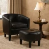 Beua 2pc Accent Chair and Ottoman Set, Black Faux Leather, Foam Cushions