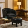 Beua 2pc Accent Chair and Ottoman Set, Black Faux Leather, Foam Cushions