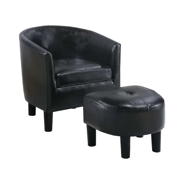 Beua 2pc Accent Chair and Ottoman Set, Black Faux Leather, Foam Cushions