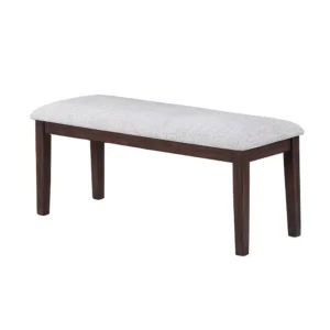 Dining Bench, White Fabric Walnut Brown Rubberwood, 46 Inch Foam Seat
