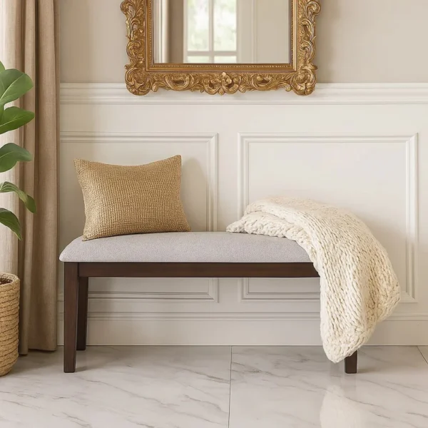 BM341035_5 Dining Bench, White Fabric Walnut Brown Rubberwood, 46 Inch Foam Seat