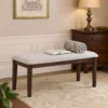 BM341035_6 Dining Bench, White Fabric Walnut Brown Rubberwood, 46 Inch Foam Seat