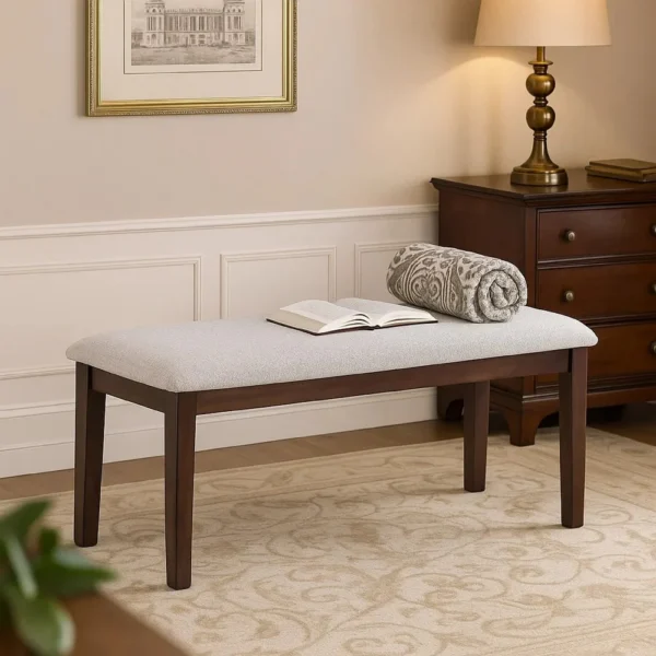 BM341035_6 Dining Bench, White Fabric Walnut Brown Rubberwood, 46 Inch Foam Seat
