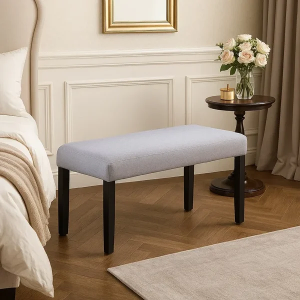 Arun Dining Bench, 41 Inch Charcoal Gray Fabric, Black Rubberwood
