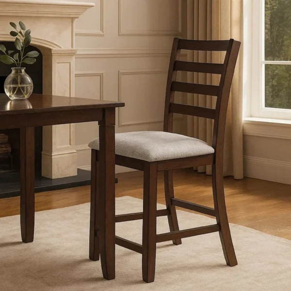 BM341043_5 Rosanna Counter Height Chairs, Set of 2, White Fabric Foam Seat, Walnut Brown Wood