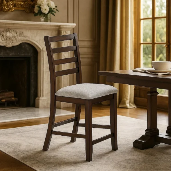 BM341043_6 Rosanna Counter Height Chairs, Set of 2, White Fabric Foam Seat, Walnut Brown Wood