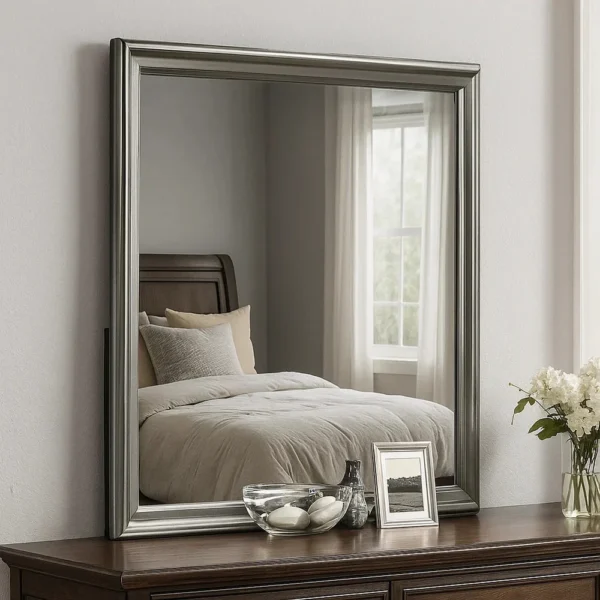Modern Dresser Mirror, Dark Gray, Square 38 Inch Solid Wood Frame