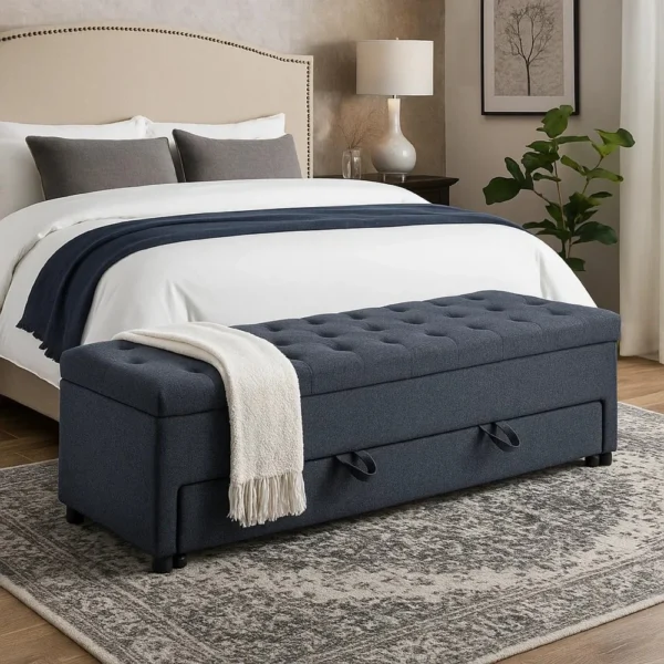 BM341052_5 Kenny Ottoman, Underseat Drawer, Blue-Gray Button Tufted Boucle, 60 Inch