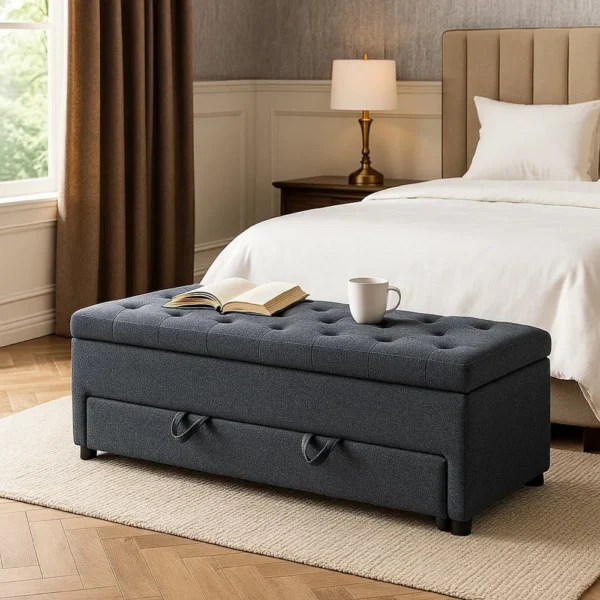 BM341052_6 Kenny Ottoman, Underseat Drawer, Blue-Gray Button Tufted Boucle, 60 Inch