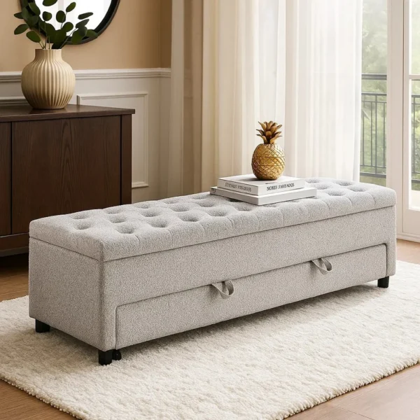 BM341053_6 Kenny Ottoman, Underseat Drawer, Beige Button Tufted Boucle, 60 Inch
