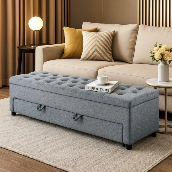BM341054_6 Kenny Ottoman, Underseat Drawer, Gray Button Tufted Boucle 60 Inch