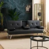 Gary Convertible Sofa with Fold-Down Table, Metal, Black Faux Leather