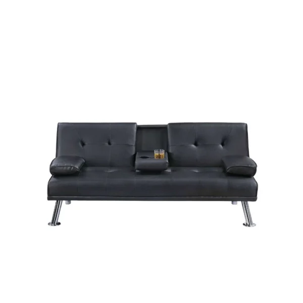Gary Convertible Sofa with Fold-Down Table, Metal, Black Faux Leather