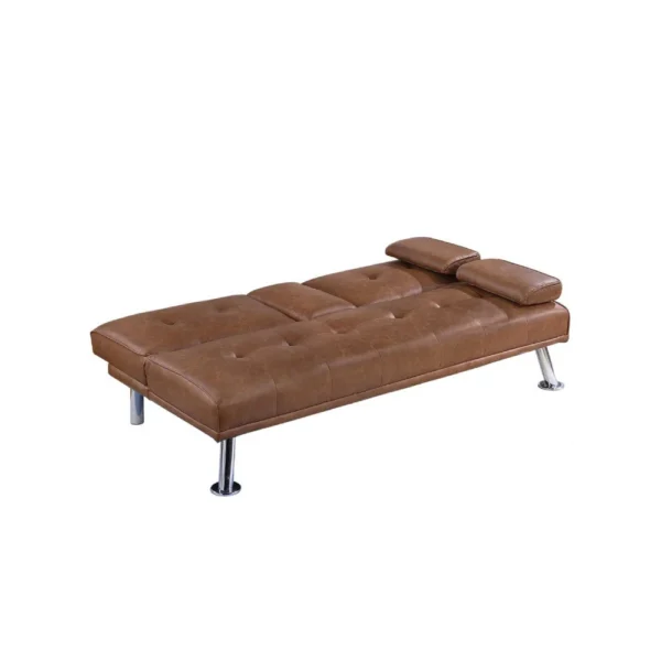 Gary Convertible Sofa with Fold-Down Table, Metal, Brown Faux Leather