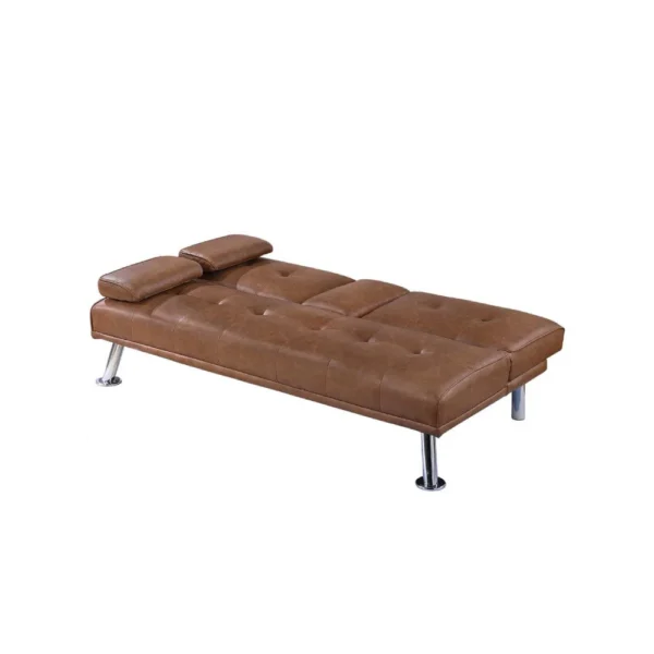 Gary Convertible Sofa with Fold-Down Table, Metal, Brown Faux Leather