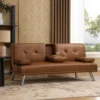 Gary Convertible Sofa with Fold-Down Table, Metal, Brown Faux Leather