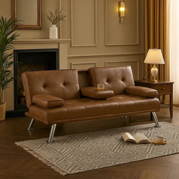 Gary Convertible Sofa with Fold-Down Table, Metal, Brown Faux Leather