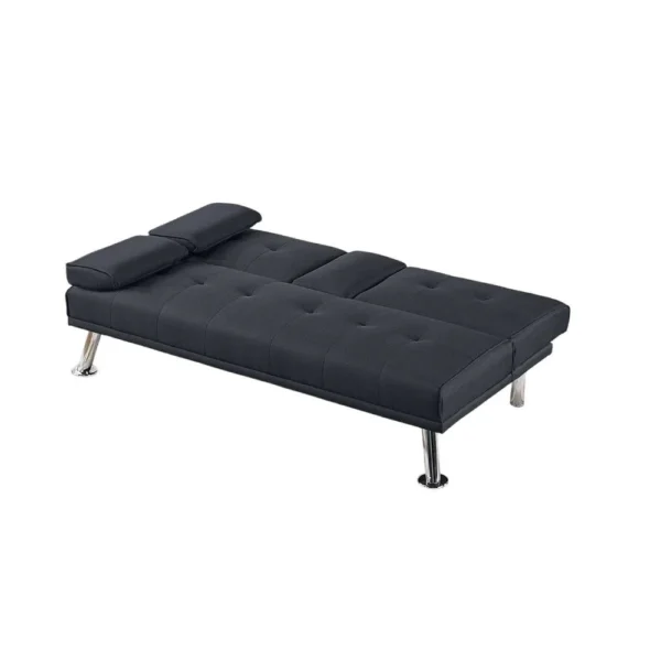 Gary Convertible Sofa with Fold-Down Table, Metal Legs, Black Fabric