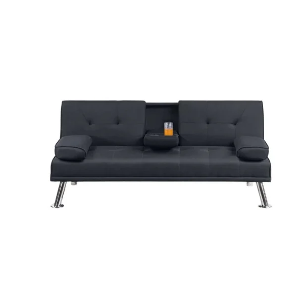 Gary Convertible Sofa with Fold-Down Table, Metal Legs, Black Fabric