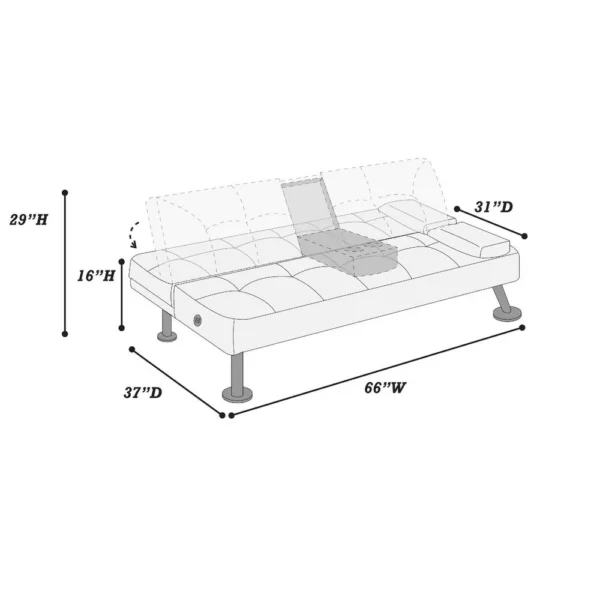 Gary Convertible Sofa with Fold-Down Table, Metal Legs, Black Fabric