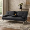 Gary Convertible Sofa with Fold-Down Table, Metal Legs, Black Fabric