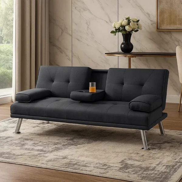 Gary Convertible Sofa with Fold-Down Table, Metal Legs, Black Fabric