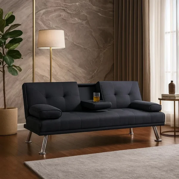 Gary Convertible Sofa with Fold-Down Table, Metal Legs, Black Fabric