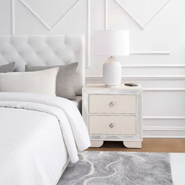 Athon Nightstand with 2 Drawers, Built-In Charging Port, Ivory Wood