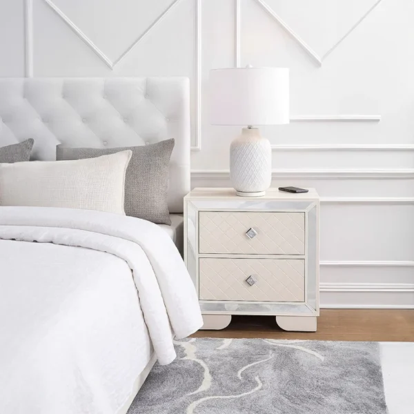Athon Nightstand with 2 Drawers, Built-In Charging Port, Ivory Wood