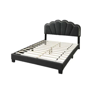 Madsy Full Bed, Gray Upholstered Fan-Shaped Headboard, Metallic Accents